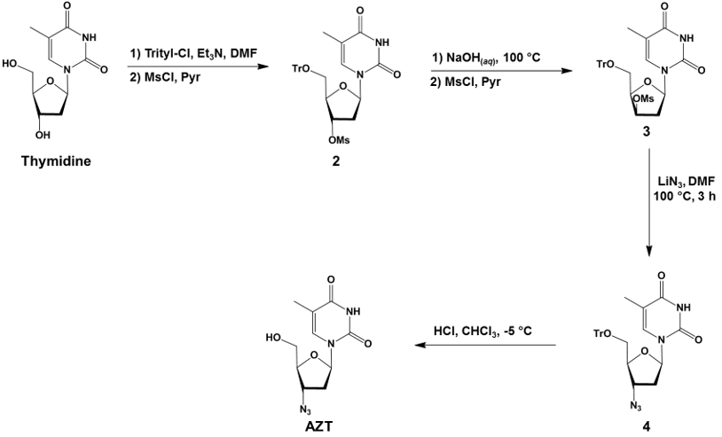 Organic synthesis of azidothymidine from thymidine